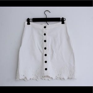 Buttoned White Denim Skirt with Lace on Bottom